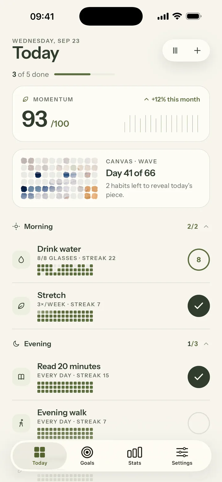 Mosaik Today screen: momentum 93 out of 100, a canvas on day 41 of 66, and morning habits checked off